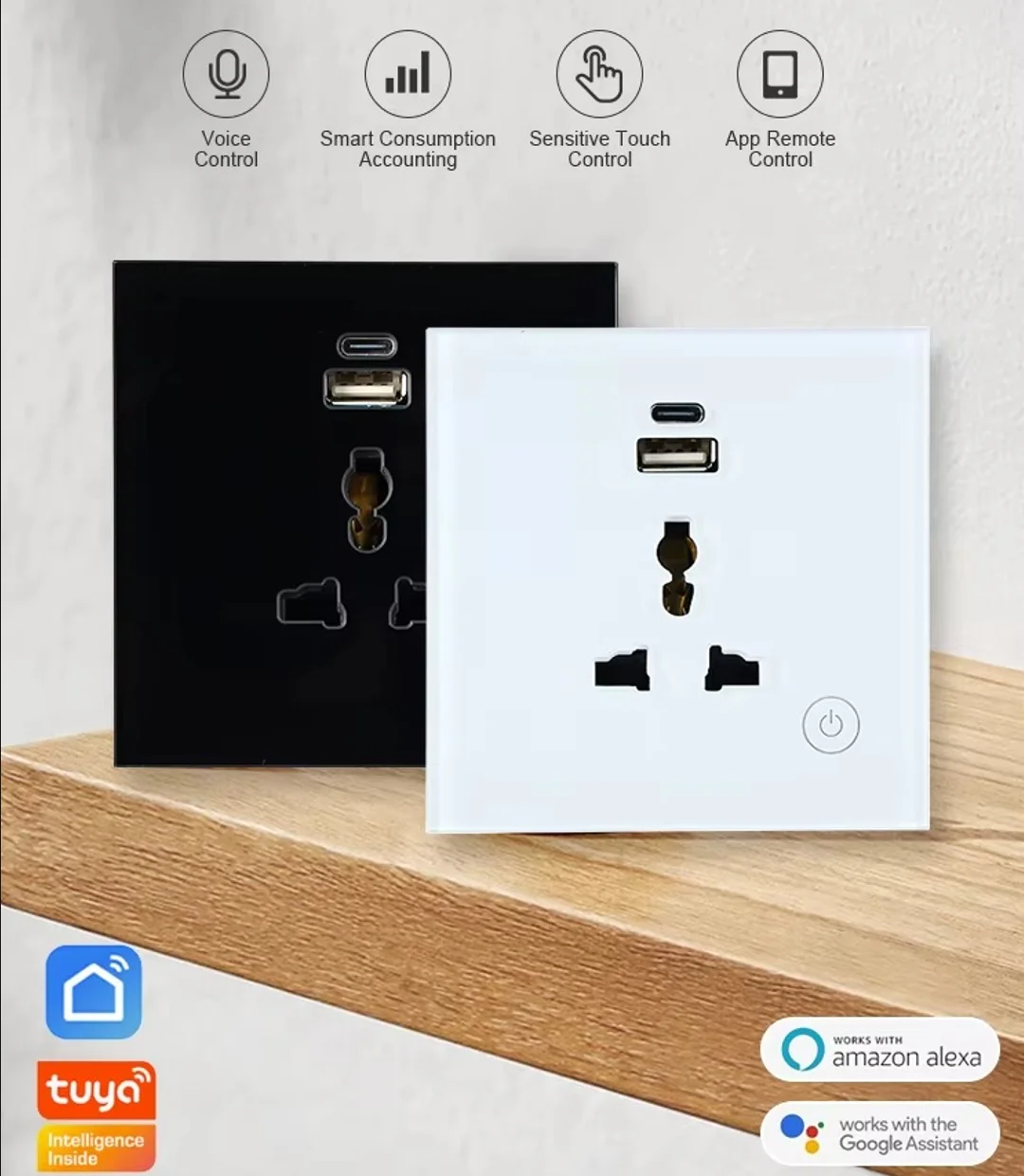 Alexa Google Voice Smart Home Tuya WIFI Control Wall Socket with USB Port Universal Electrical Plug Power US / UK  Smart Switch