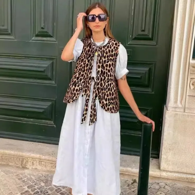 Women's Autumn Spring Top Coat Vest Leopard Print Tie Comfortable Casual Design Fashion Advanced Soft Niche Versatile Skinny