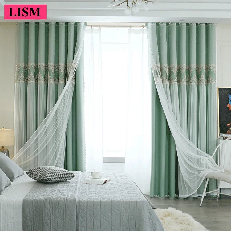 Modern Double-layer Cloth Gauze Integrated Blackout Curtains for Bedroom Living Room Decor Luxury Embroidered Tulle Green Custom