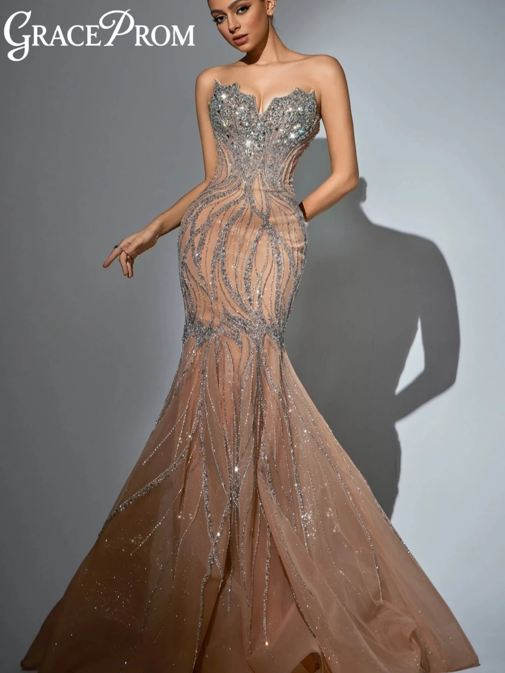 

Luxury Embroidery Beaded Mermaid Long Evening Dress Sexy Sleeveless Backless Wedding Party Gown New Customized Prom Dresses