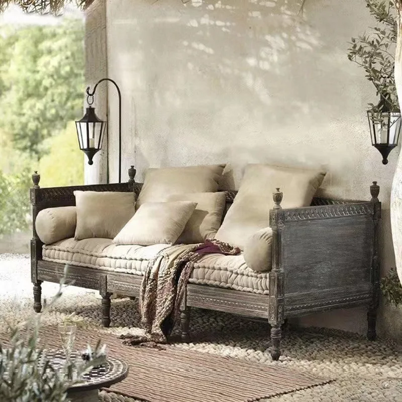 Solid wood carving flower dual-purpose two-three living room combination sofa European French retro old multi-functional sofa