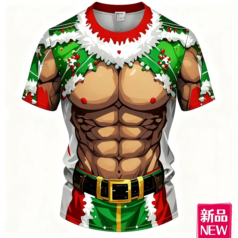 Men's 3D Strong Stretching Printed T-shirt, Christmas themed fun yet ugly T-shirt, short sleeved top, loose casual clothing
