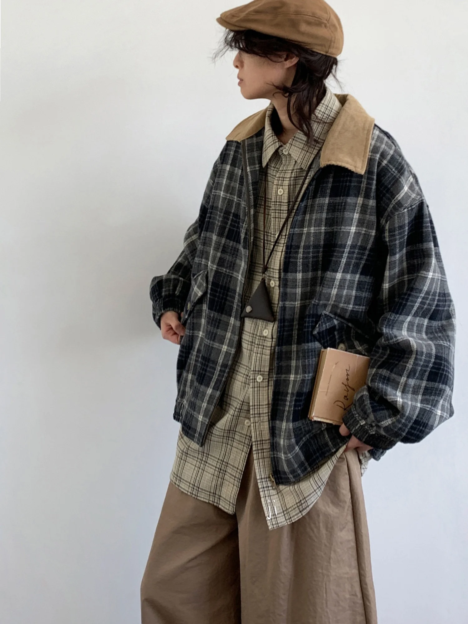

Retro Plaid Workwear Jaet Loose Casual ex Color Blo Splicing Autumn Season Men's Women's Loose Silhouette Coat
