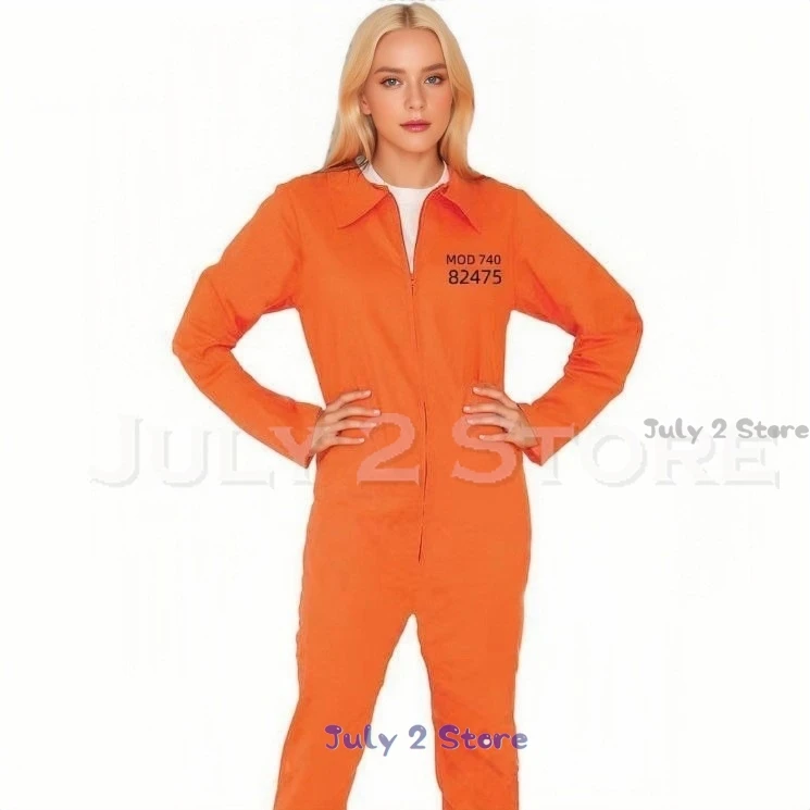 ชุดยูนิฟอร์มคุกฮาโลวีนตลกยูนิเซ็กซ์ชุดคอสตูมผู้ชายผู้หญิงนักโทษปาร์ตี้จัมพ์สูทวันซี่ผู้ใหญ่เด็กแบบโมโน