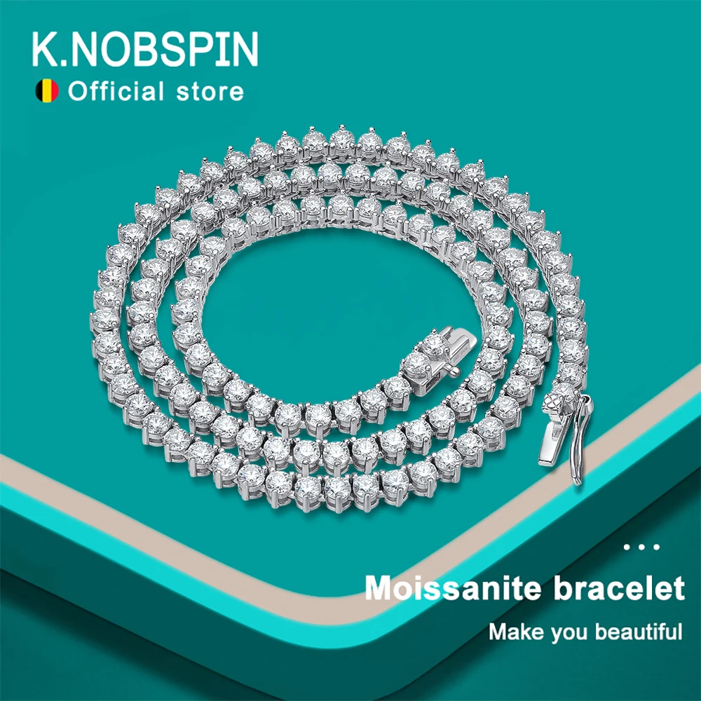 KNOBSPIN 3 클로 D VVS1 모이사나이트 테니스 목걸이, 925 스털링 실버 도금, 18k 화이트 골드, GRA 고급 목걸이, 여성 남성 