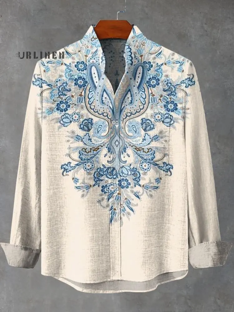 Men's fashionable spring and summer linen long sleeved shirt with color blocked printed shirt suitable for casual wear