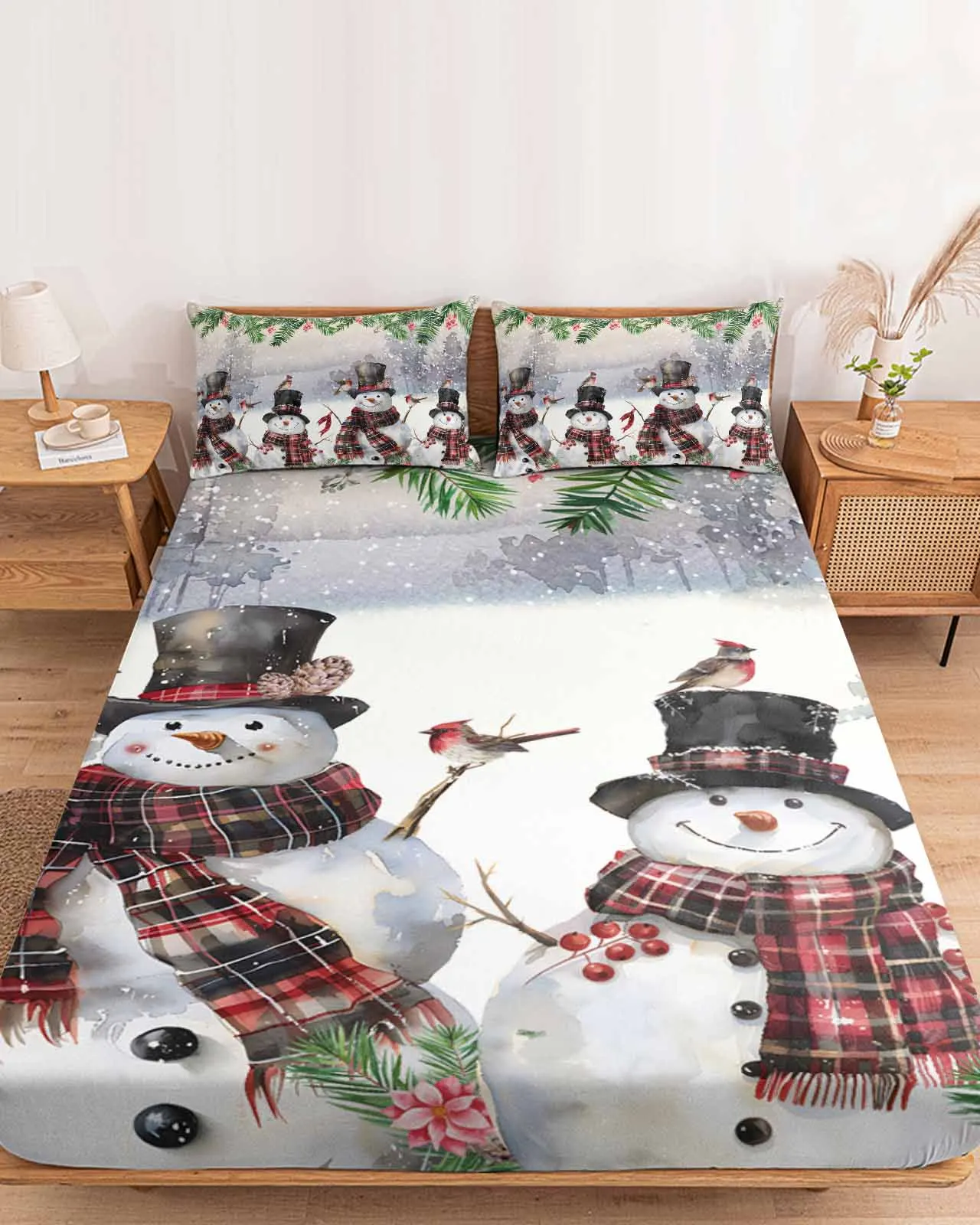 Snowman Plaid Scarf Top Hat Cardinals Polyester Fitted Sheet Mattress Cover Four Corners Elastic Band Bed Sheet Pilllowcase