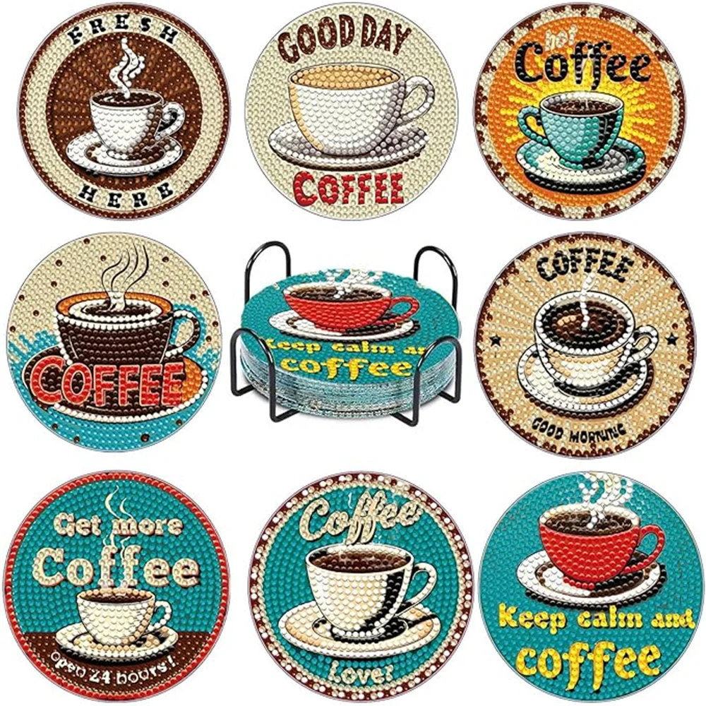 8pcs Diamond Art Coasters With Holder, DIY Coffee Series Diamond Art Coasters, Diamond Painting Kit Suitable For Adults And Beginners, Diamond Painting Craft Supplies, Exquisite Gift For Friends