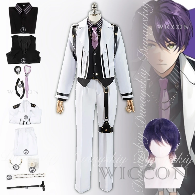 

NIJISANJI Anime Kenmochi Touya Cosplay Swordsmanship Department Vice General With White Suit Purple Wig Cosplay Costume Full Set