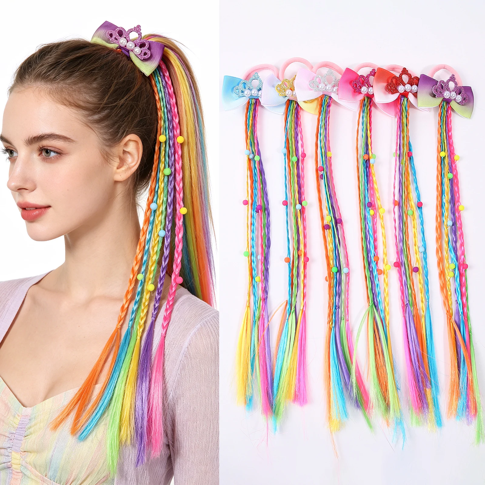 3pcs Rainbow Wig Hairbands Dirty Braids Colorful Crown Hair Bows Twist Tie Wigs Ponytail Nylon Bands Princess Kids Headwear