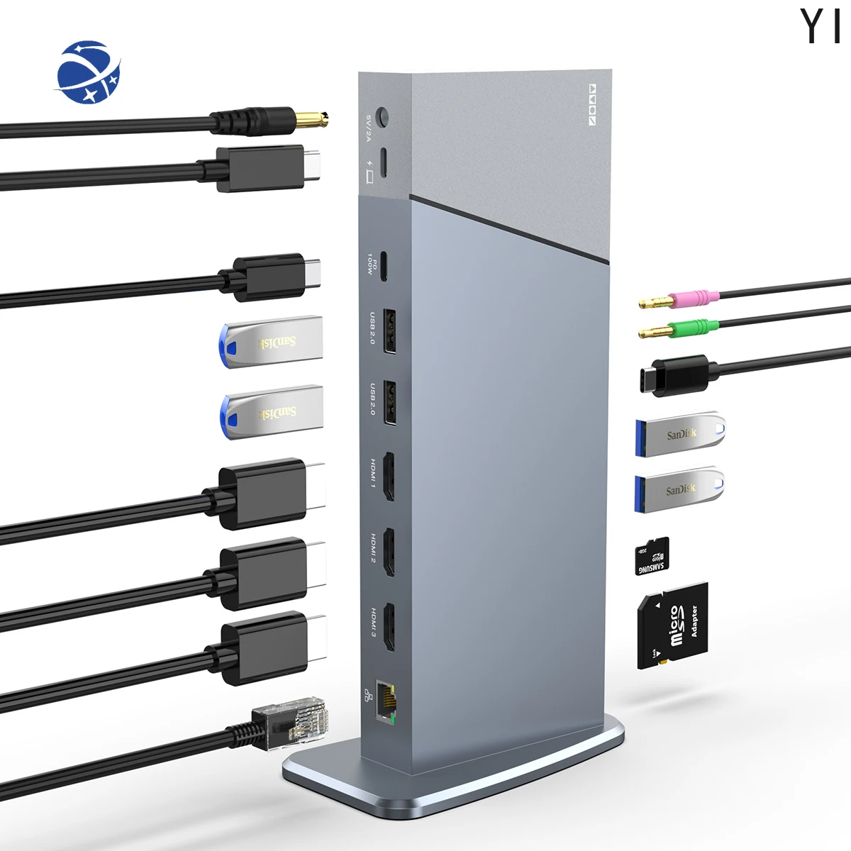 YYHC 16 in 1 Aluminum Triple Monitors Multi Ports USB Hub Displaylink Docking Station With Vertical Stand