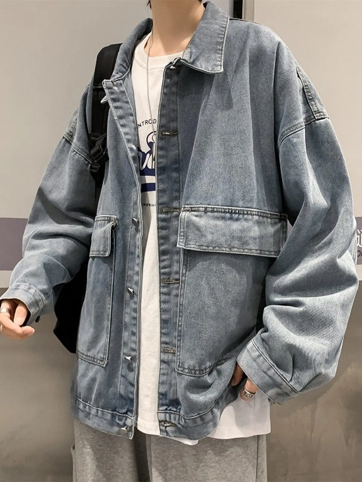Men Women Washed Denim Jacket Large Pockets Casual Cargo Oversized Loose Unisex Korean Style Trendy Jeans Coat Streetwear