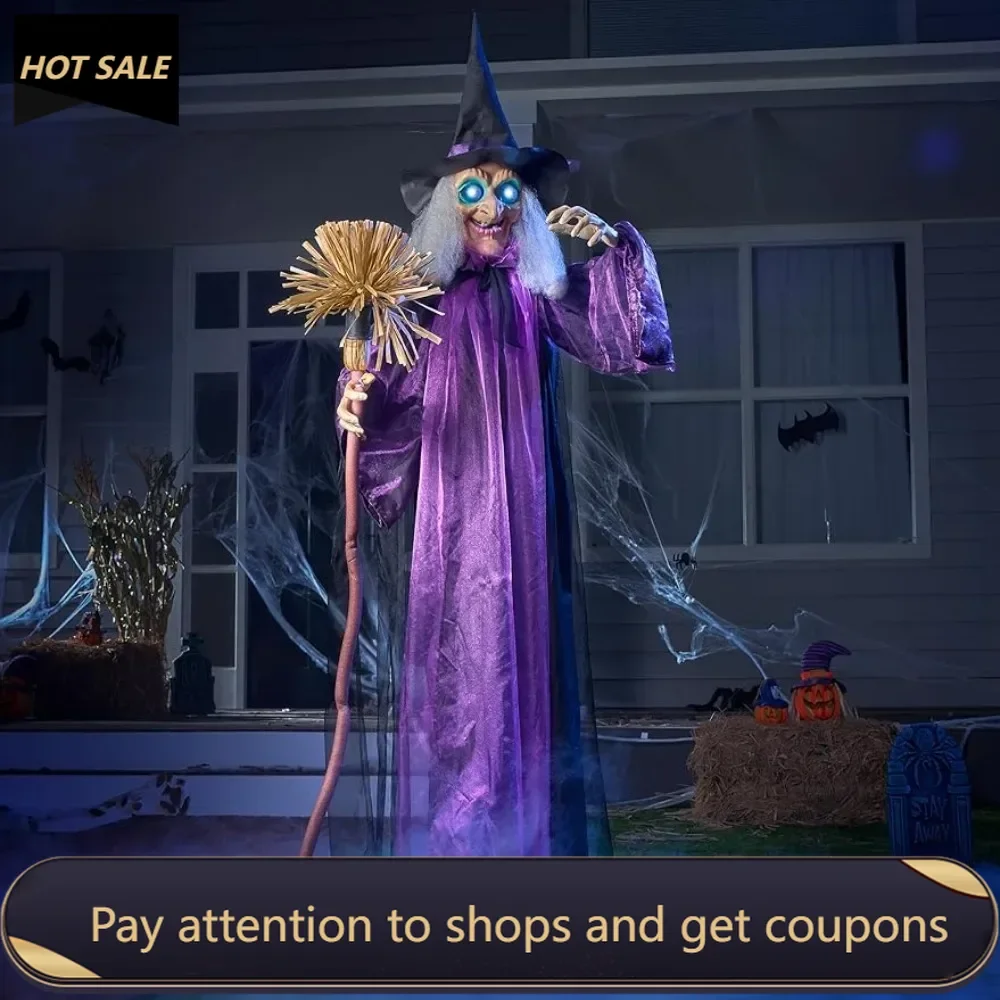 72” Halloween Animatronic Standing Witch Decoration Outdoor Decorations Life Size Animated Witch With Light-up Eyes Decor Home