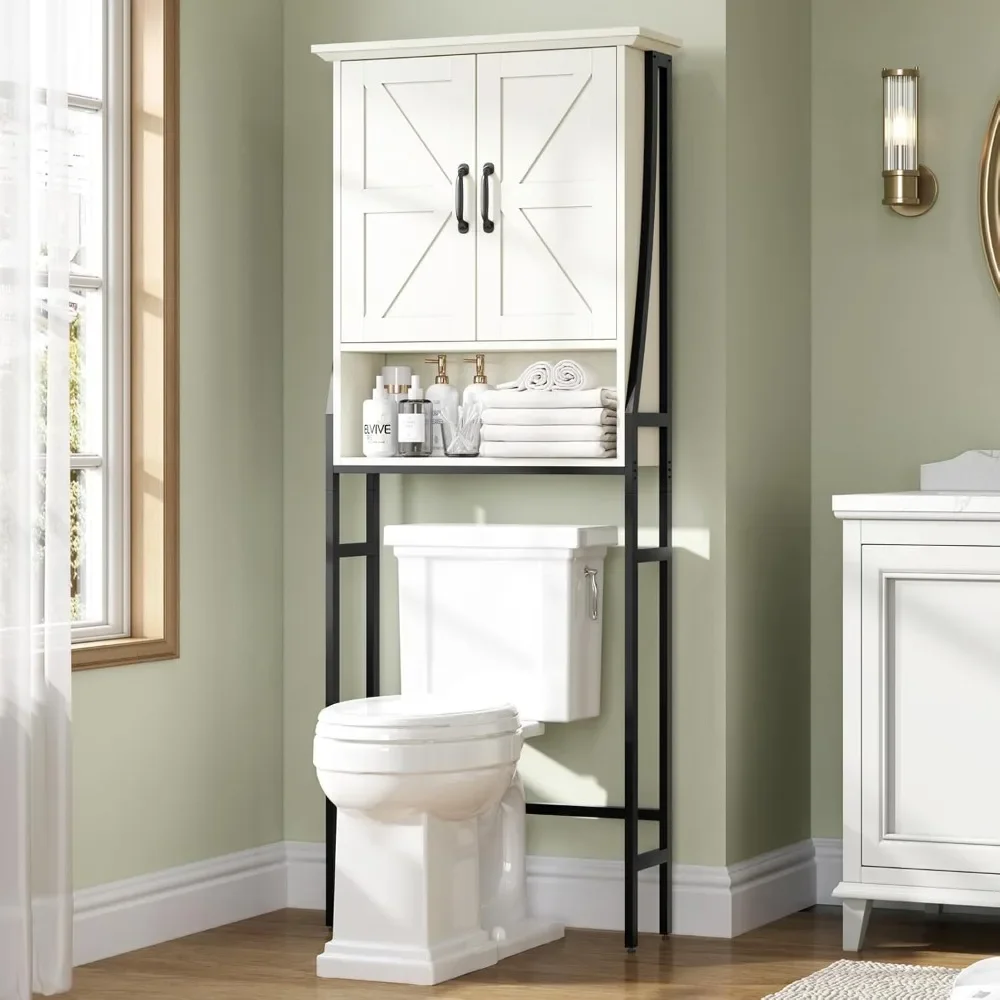 

The Toilet Storage Cabinet, Over Bathroom Organizer, Above Storage Cabinet with Barn Doors Behind Bathroom