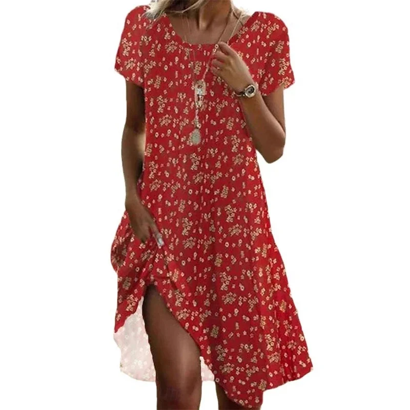 Boho Print Dress Lady Fashion O Neck Short Sleeve Loose Dresses For Women Casual Holiday Beach Skirt Robe Femme Summer New Dress