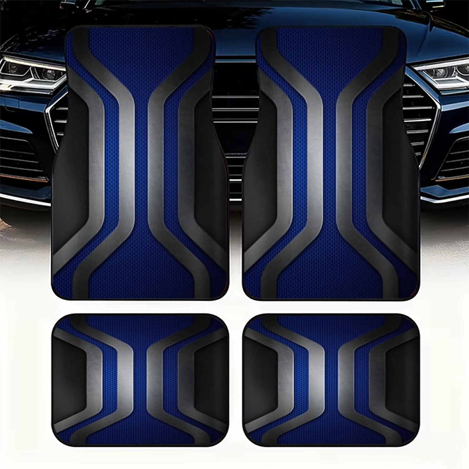Car Floor Mats, 4pcs Set, Futuristic Metallic Design, Blue Carbon Fiber - Like Texture, Silvery Metallic Strips, Black Rectangul