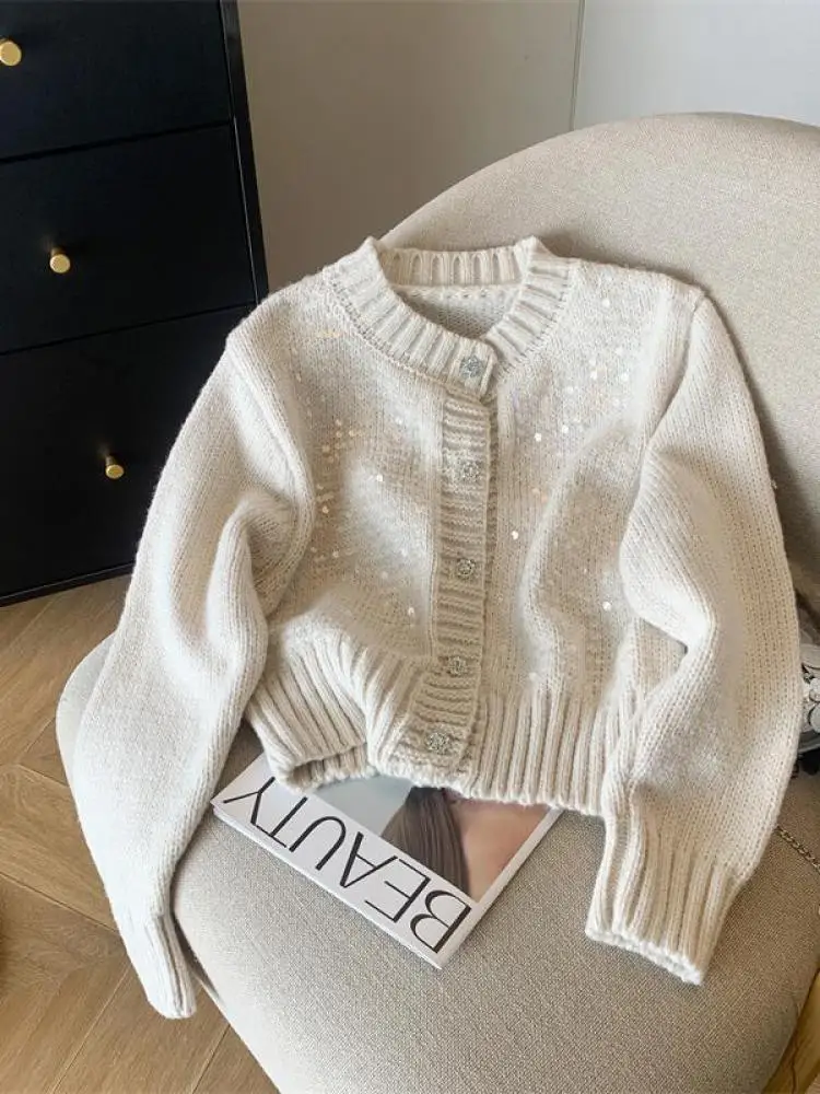 

Vintage Women White Round Neck Cardigan Sequin Sweater Brown Elegant Long-sleeved Short Knitted Tops 2024 Winter Fashion Popular