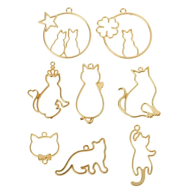 Q0KE 8 Pcs Exquisite Hollow for Cat Pendants Metal Frame Charm with Loop Epoxy Resin Supplies Alloy Open Back Bezel Pend