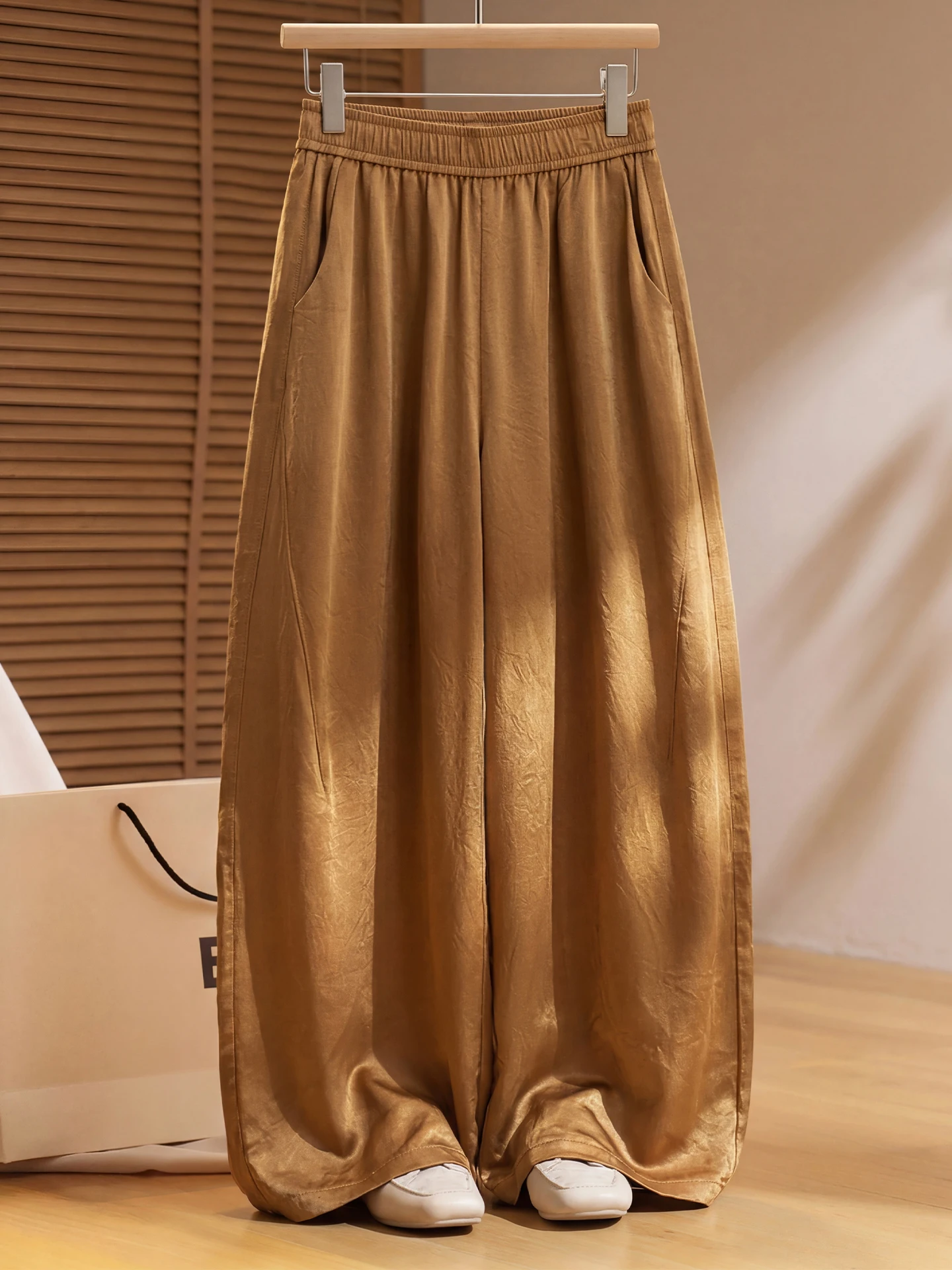 

High Waist Wide Leg Pants Women's Summer Thin Ice Silk Casual Loose Fit Nine Point Acetate Pants Dream Wisdom Elegant Style