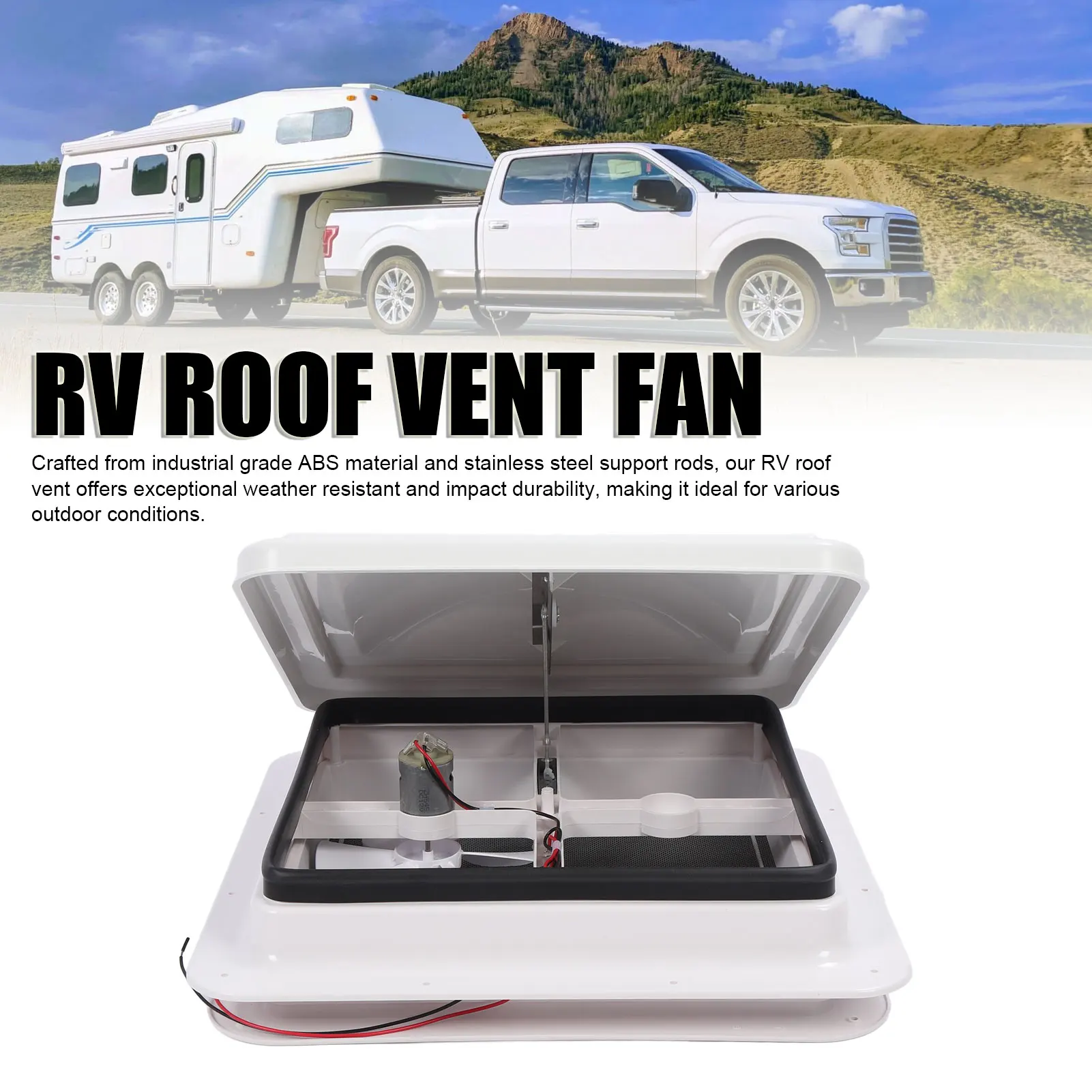 

13.39 X 13.39 in RV Roof Vent with Fly Screen and Support Rod Tight Sealing Water Resistant Motorhome Ceiling Vent Fan