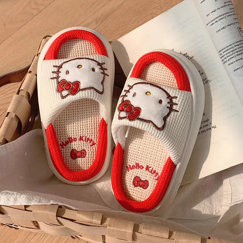 Anime Kawaii Sanrio Hello Kitty Sweet Household Slippers Cute Cartoon Non-Slip Comfortable Home Shoes Linen Slippers Girls Shoes