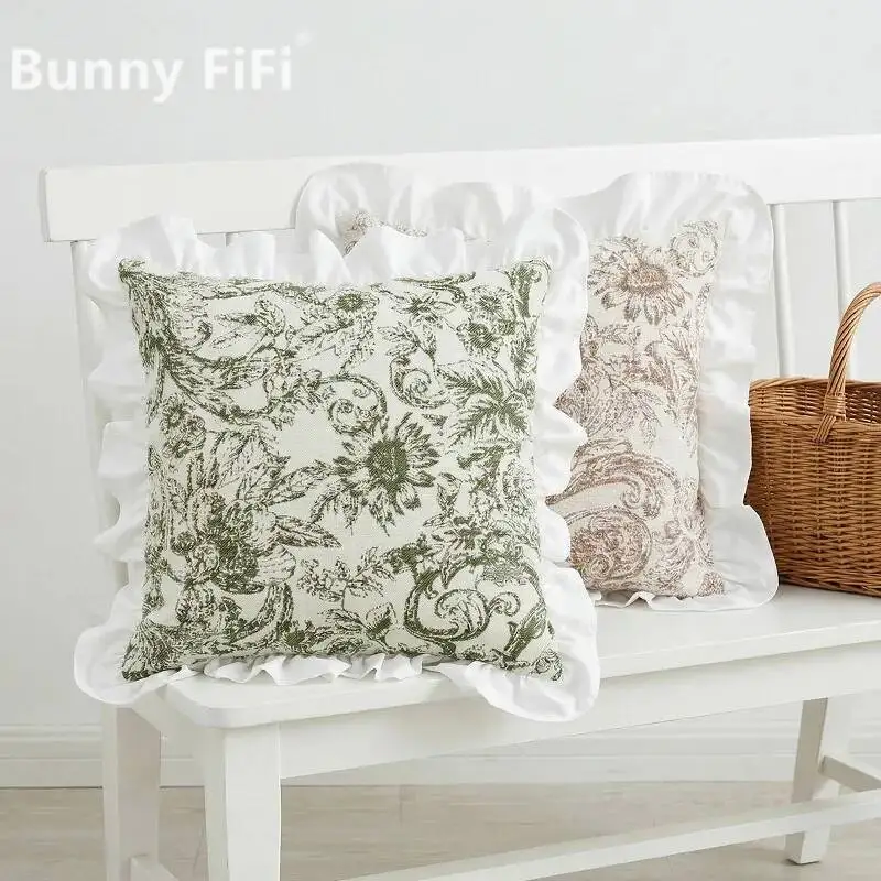 Floral Chenille Jacquard Cushion Covers With Ruffled Edge Soft Luxury Modern Euro Style Decorative Throw Pillowcase For Sofa Bed
