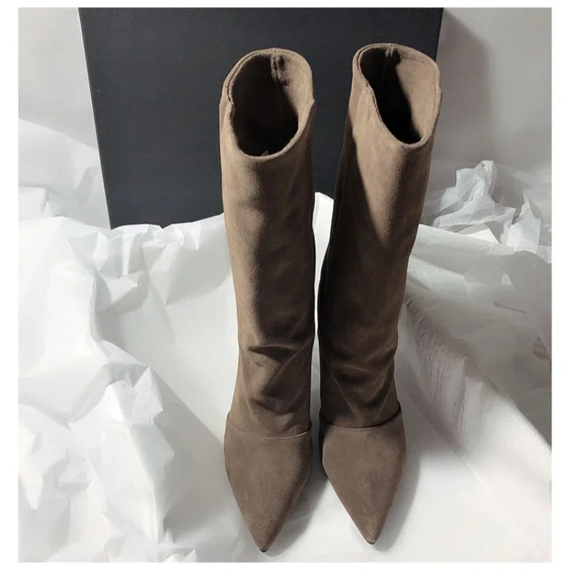 

Eilyken New Winter Street Fashion Pointed Toe Stiletto High Boots Women's Large Size Suede Warm High Heel Boots Zapatos De Mujer