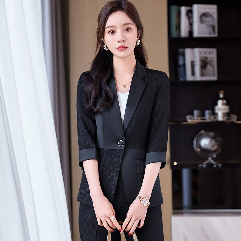 

2024Spring and Summer New Half Sleeve Collar Suit Suit Work Clothes High Sense Black Beaded Suit Jacket for Women