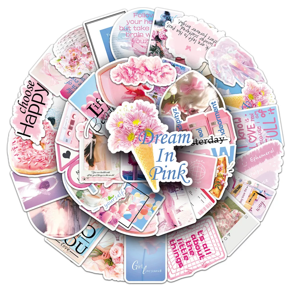สติกเกอร์สไตล์ INS สีชมพู 50 ชิ้น - สติกเกอร์สร้างสรรค์เหมือนจริงสำหรับตกแต่งกีตาร์ คอมพิวเตอร์ และลำโพง ร้าน RecordingYourLife