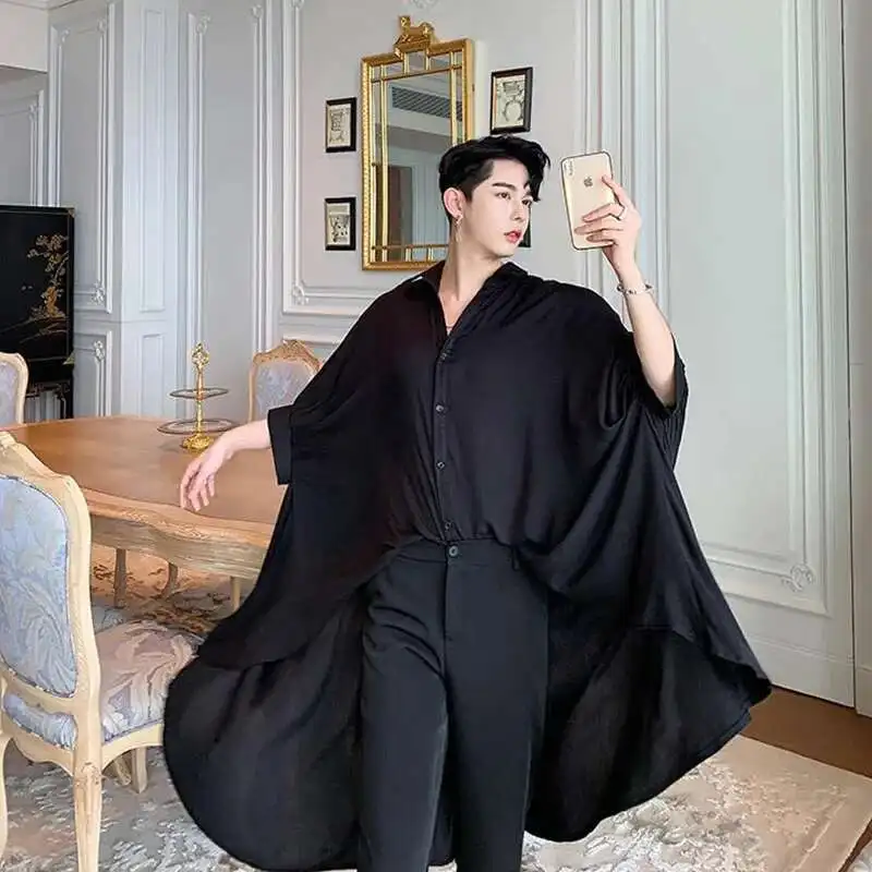 Oversize Black Loose Sleeve Hem Irregular Men Short Bat Big White Shirt Male Women Street Gothic Punk Stage Show Long Shirts
