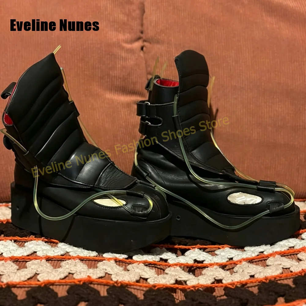 Cyberpunk Streetwear Mode-Schuhe 2026 Neuer Stil Futuristische Schwarze Plateau-Stiefel mit Grünem Rohrdekor und Ausschnitt-Schnallenverschluss