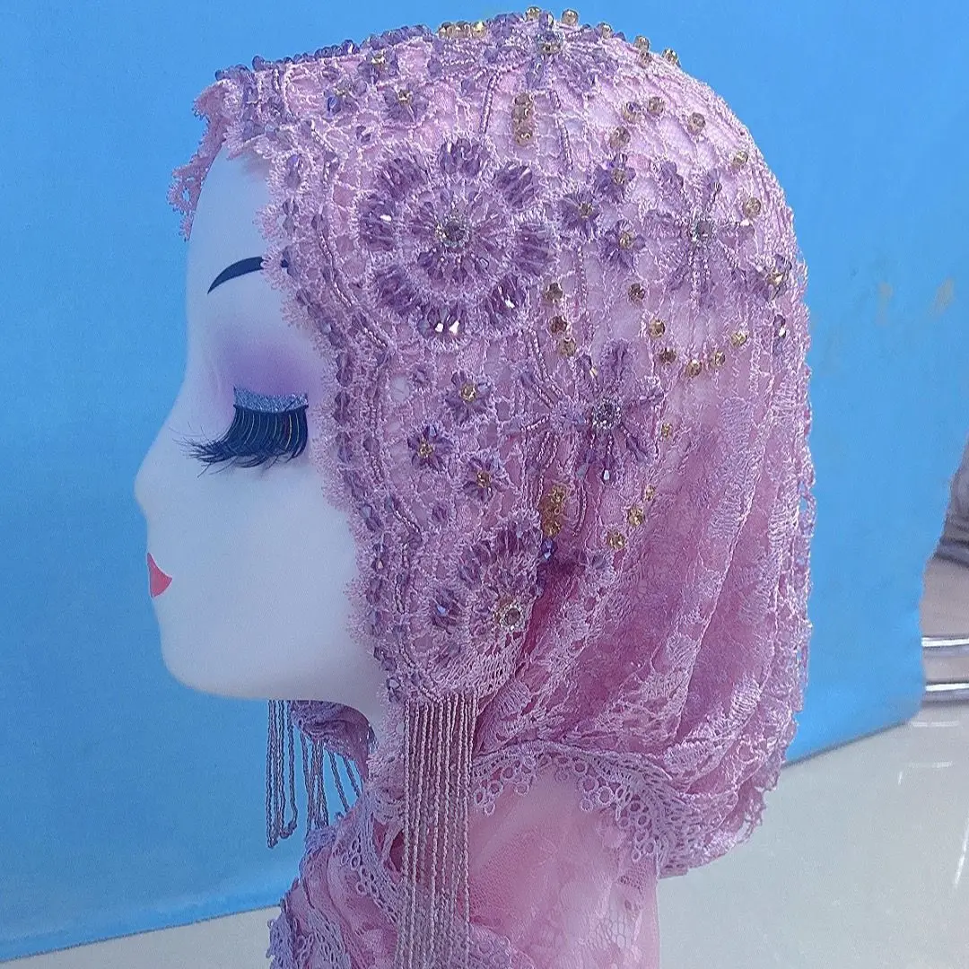 Fashion Women Hijab Scarf Instant Shawl Girl Party Wedding Gorgeous Embroidery Floral Beaded Headwear African Islamic Summer Hat