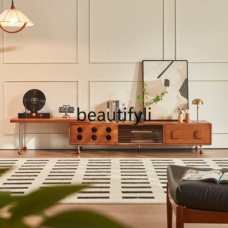 

Medieval telescopic TV cabinet small apartment solid wood storage cabinet combination French retro living room floor cabinet