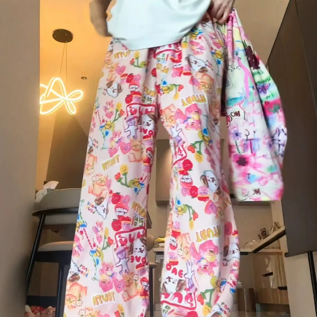 

Летние свободные брюки из хлопка и шелка с широкими штанинами, пляжные повседневные брюки с мультяшным принтом, с высокой талией, прямого кроя, свободного силуэта, для прогулок