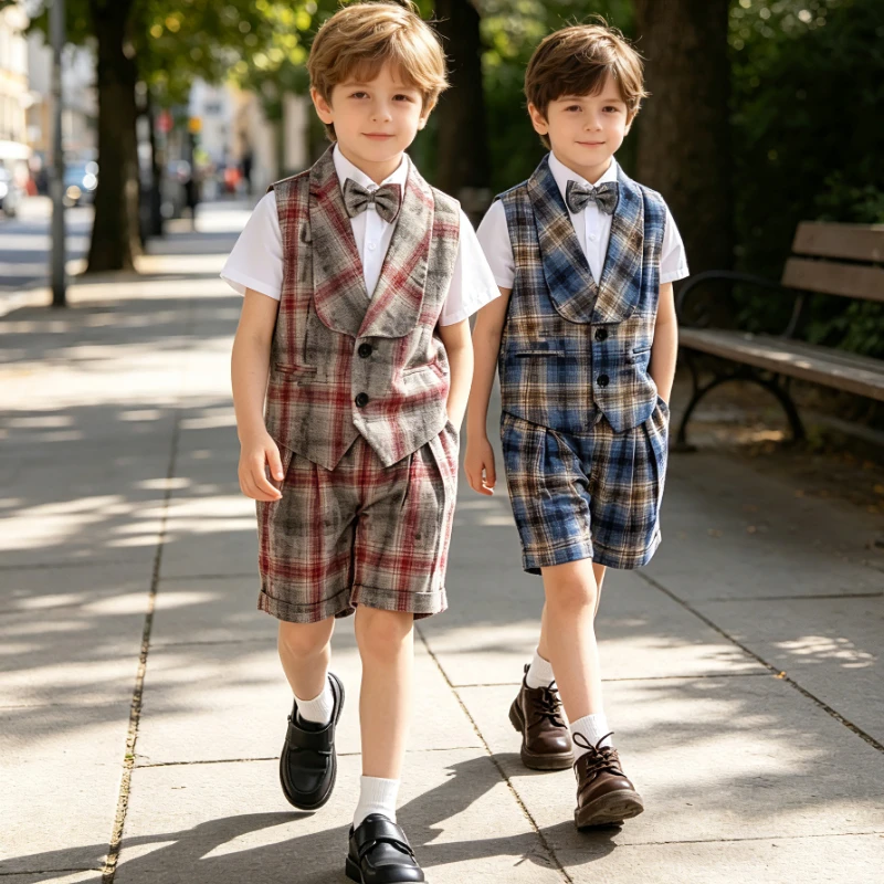 Vintage Plaid Boys Summer Vest Suit Shawl Lapel Waistcoat Shorts Shirt Bow Tie Kids Flower Boy Wedding Piano Performance Outfit