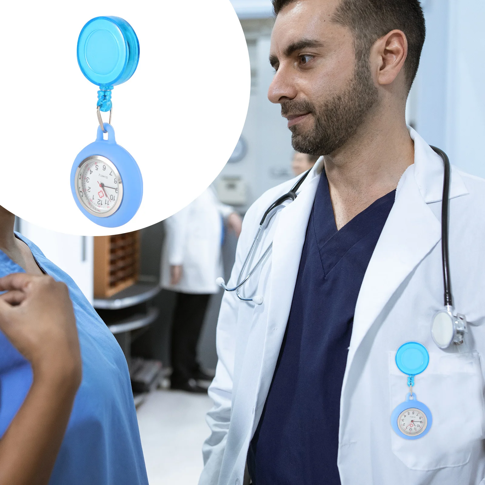 

Nurse Badge Reel Pocket Watch Light Blue Clip-on Smiling Face Design Lightweight Hanging Watch for Students Clear Number