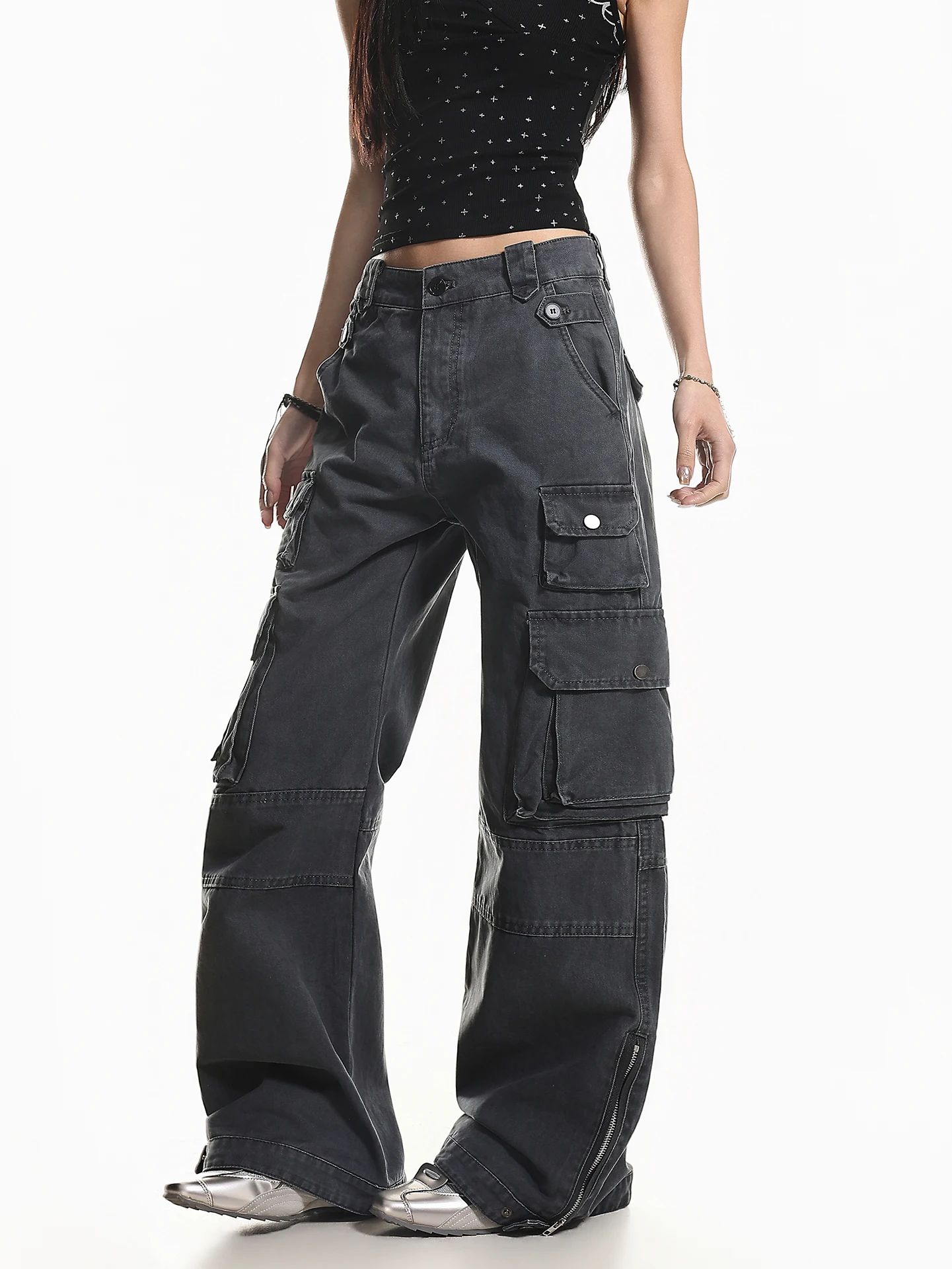 

XPKAEAX American Style Street Multi-Pocket Design Workwear Jeans Women Summer New Washed Vintage Flared Pants Straight Leg