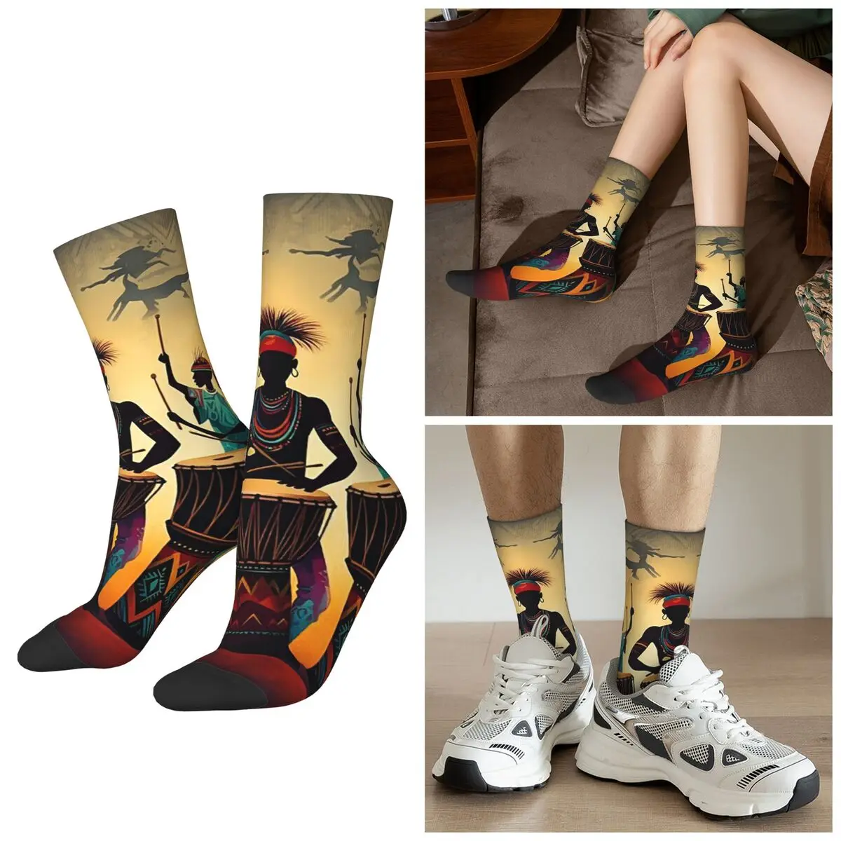 

Всесезонные носки в стиле африканского барабана, этнические носки в стиле Харадзюку, спортивные носки средней длины, забавные чулки для мужчин и женщин, рождественские подарки