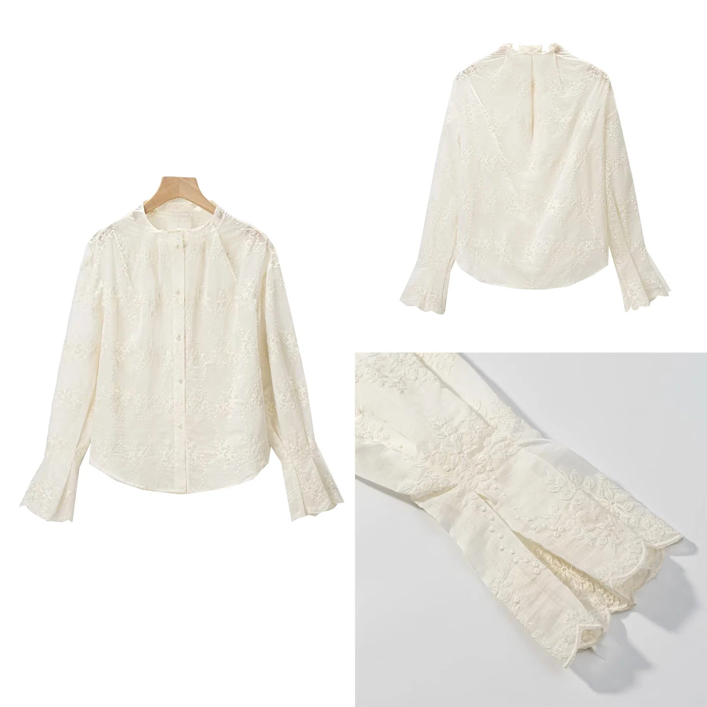 

Women's Fashion Spring 2026 Lace Sleeve Blouse Personality Match Daily Use Long Sleeve round Neck Embroidered Inner Shirt
