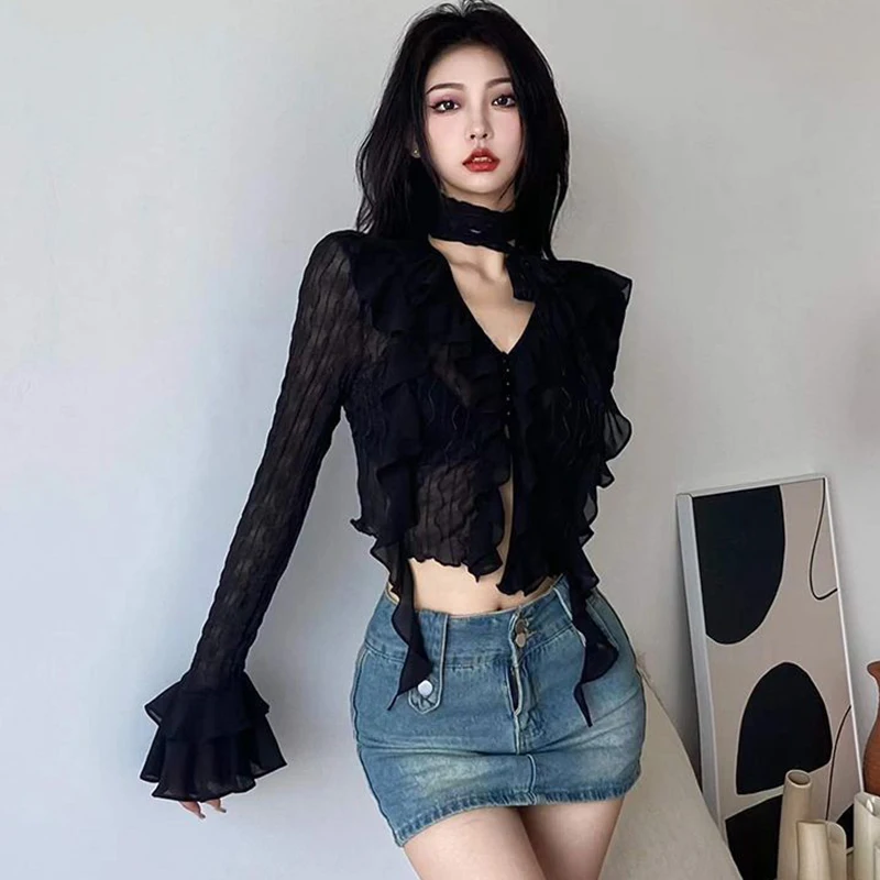 Zoki Dark Academic Mesh Y2k Blouse Women Sexy Cropped V Neck Ruffles Shirt Harajuku Vintage Long Sleeve Slim See Through Tops