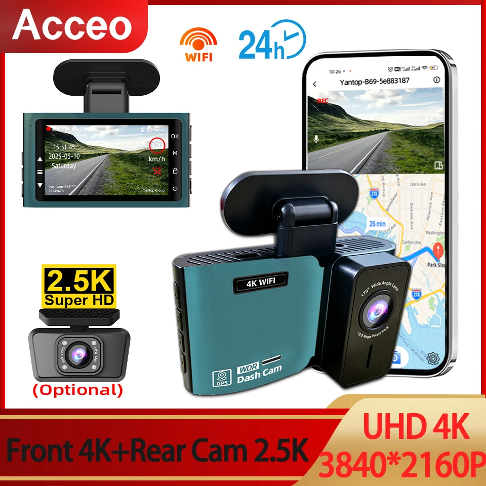 Dash Cam 4K Front Camera WiFi Driving Recorder Optional 2.5K Rear Camera GPS Supports 24H Parking Monitoring Car DVR