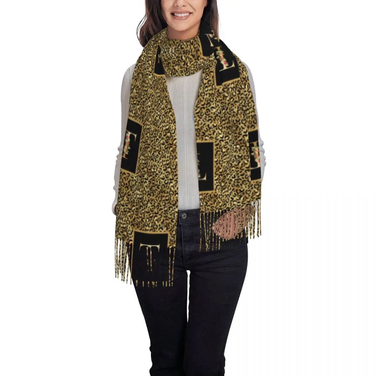 Bufandas personalizadas con estampado de leopardo grande para mujer, chal suave y cálido con borlas para invierno