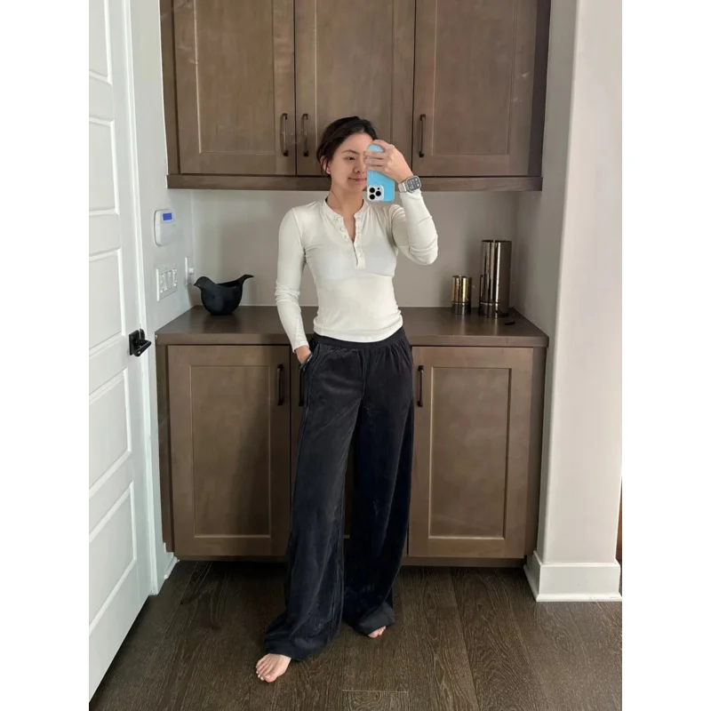 Women Corduroy Wide Leg Pants Cotton Blend Straight Trousers Loose Fit Striped Casual Yoga Pants Comfortable Daily Work Wear