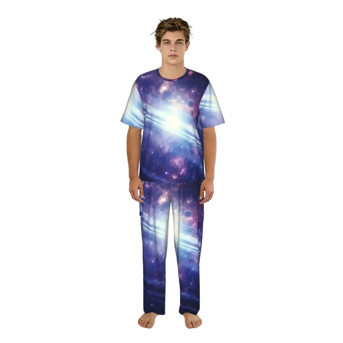 Men's Pajamas Set Summer Short-Sleeve Tops + Long Pants Nightwear Home Wear Suits Stars And Planets Sleepwear