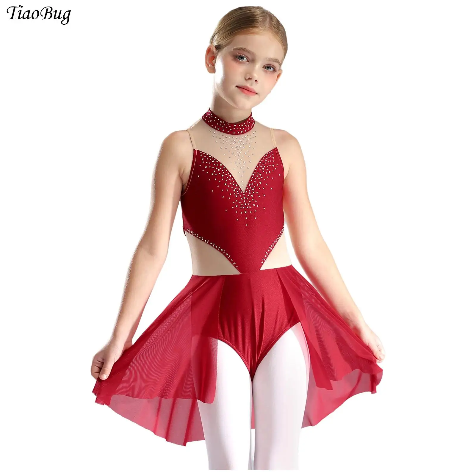 

Kids Girls Figure Skating Costume Sparkly Rhinestones Sheer Mesh Patchwork Skirted Leotard Lyrical Dance Performance Dancewear