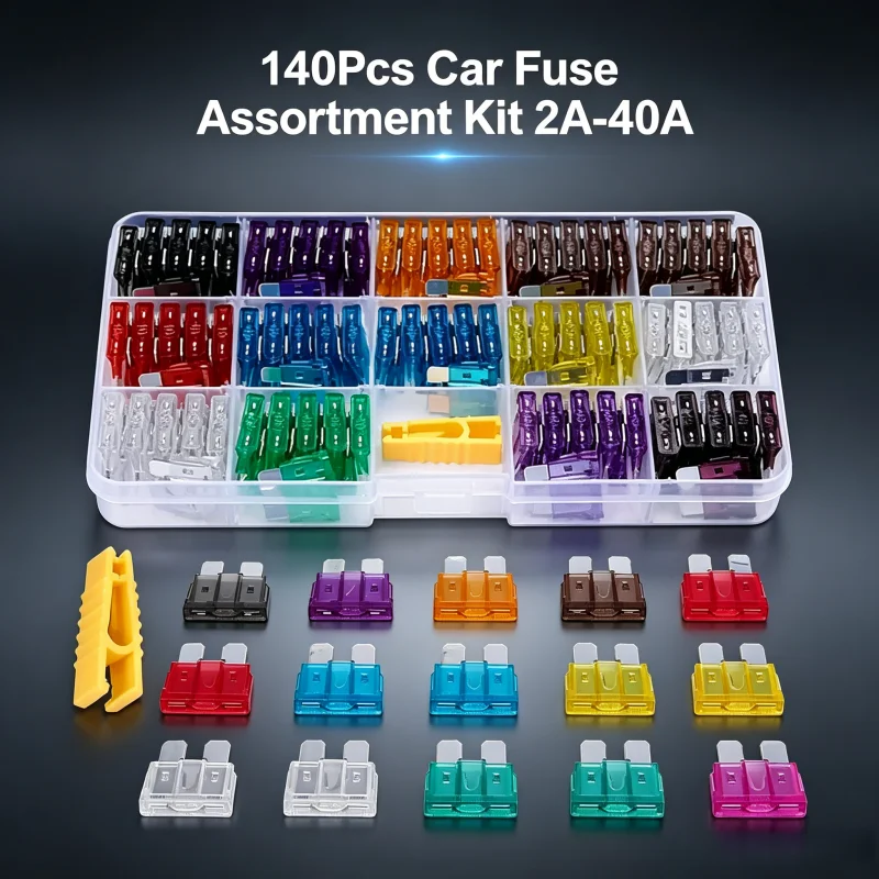 140Pcs Car Fuse Assortment Kit 2A-40A Auto Blade Fuses with Removal Clip Automotive Replacement Safety Fuse Set