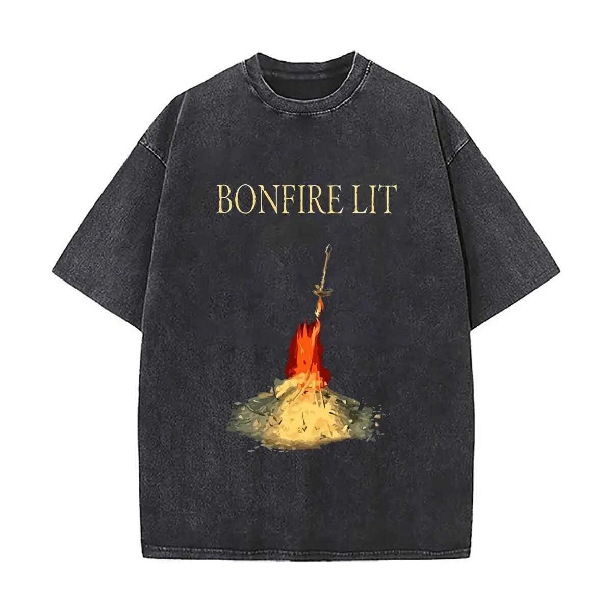 Dark Souls Bonfire Art Gráfico Retro Lavado Manga Corta Ropa de calle holgada Tops para vacaciones de verano