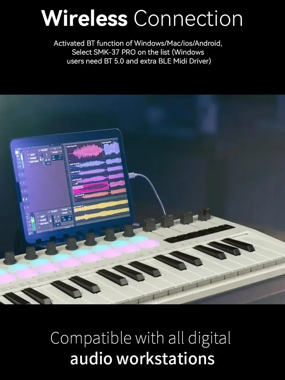 M-VAVE SMK-37 Pro toetsenbord 37-toetsen MIDI-controller ​   Met ingebouwde synth-motor 8 knoppen + 16 RGB-pads 37-toetsen MIDI-controller - afbeelding 2