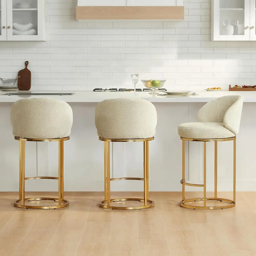 

Set of 3 Swivel Upholstered Bar Stools, Metal Base, 26.8 Seat Height, Sand Color
