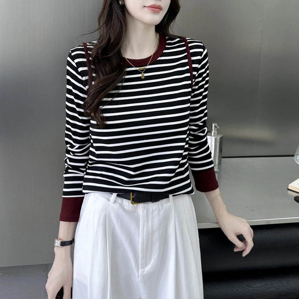 

Полосатая футболка с длинными рукавами для женщин весной и осенью, новая высококачественная мода, повседневный топ больших размеров с круглым вырезом и цветными блоками
